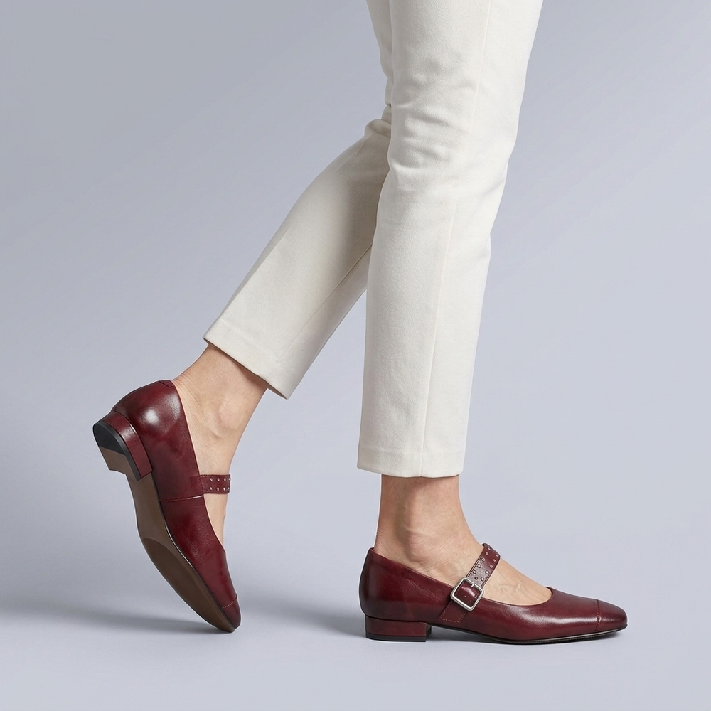 Shoes For Women | Mary Jane Buckle Strap Studded Maroon three-quarter front view