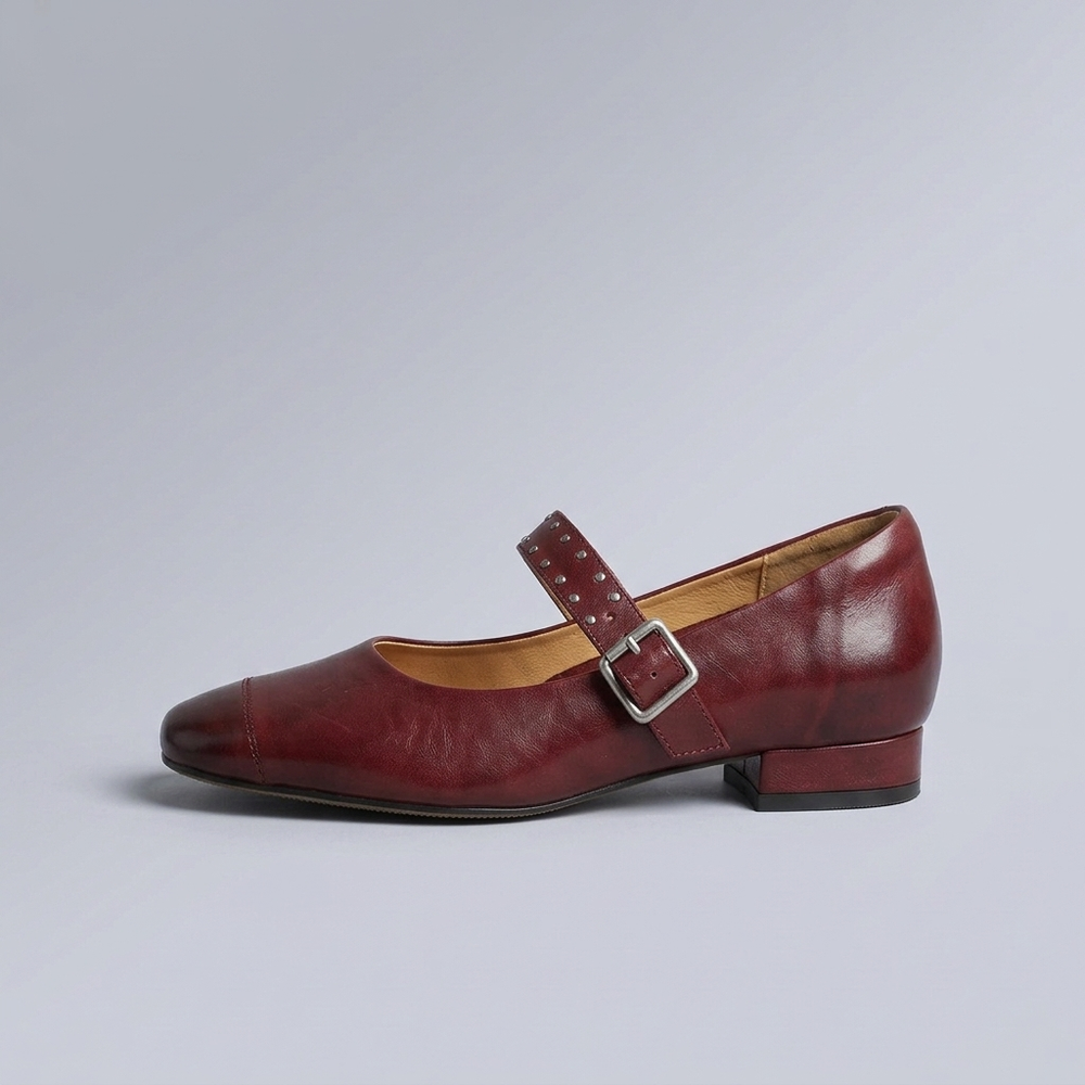 Shoes For Women | Mary Jane Buckle Strap Studded Maroon three-quarter front view