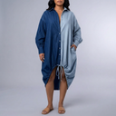 Women's Shirt Dress | Midi Color-Blocked Asymmetric Hem Drawstring blue front view