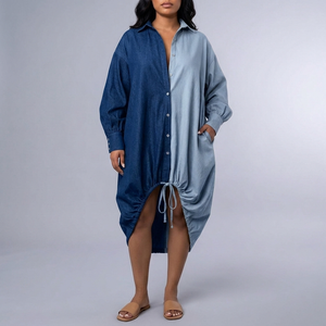 Women's Shirt Dress | Midi Color-Blocked Asymmetric Hem Drawstring blue front view