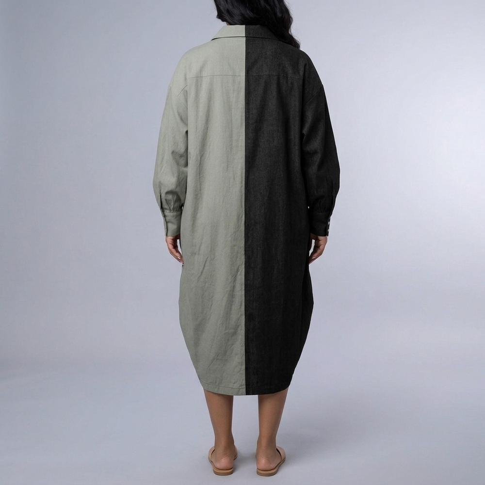 Women's Shirt Dress | Midi Color-Blocked Asymmetric Hem Drawstring Black front view