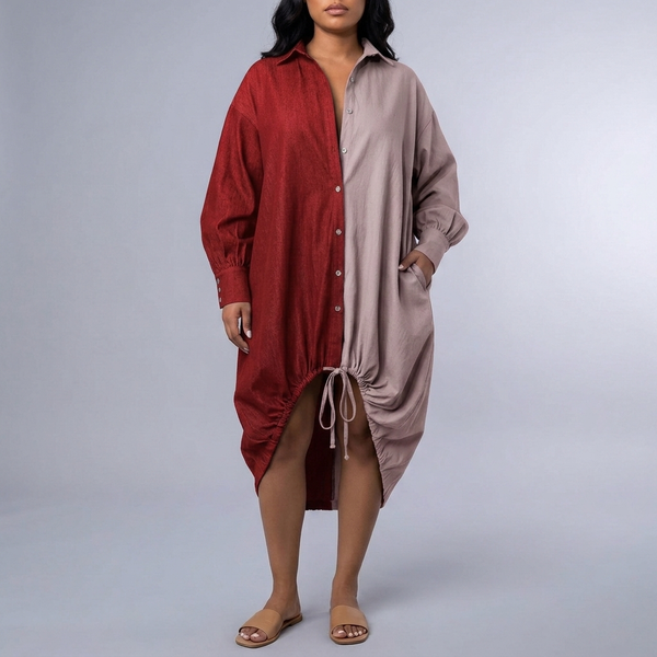 Women's Shirt Dress | Midi Color-Blocked Asymmetric Hem Drawstring red front view