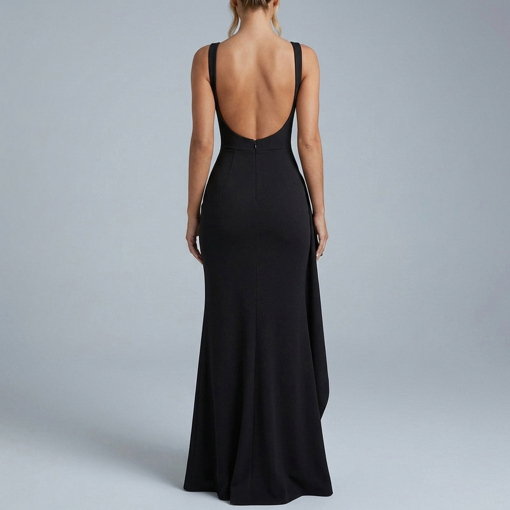 Women's Formal Dress | Maxi Open Back Ruched Front High Split Black front view