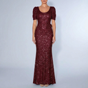 Women's Maxi Dress | Sequin Puff Sleeve V-Neck Wine Red front view