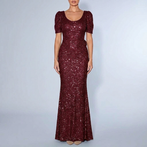 Women's Maxi Dress | Sequin Puff Sleeve V-Neck Wine Red front view