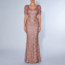 Women's Maxi Dress | Sequin Puff Sleeve V-Neck Pink front view