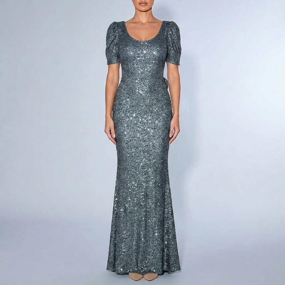 Women's Maxi Dress | Sequin Puff Sleeve V-Neck Dark Green front view