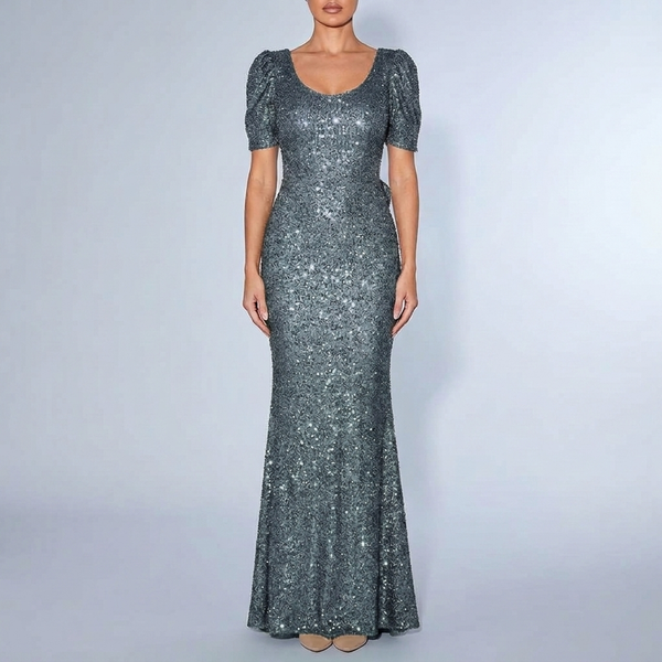 Women's Maxi Dress | Sequin Puff Sleeve V-Neck Silver front view