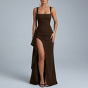 Women's Formal Dress | Maxi Open Back Ruched Front High Split Brown front view