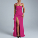 Women's Formal Dress | Maxi Open Back Ruched Front High Split Rose Red front view