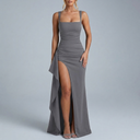 Women's Formal Dress | Maxi Open Back Ruched Front High Split Grey front view