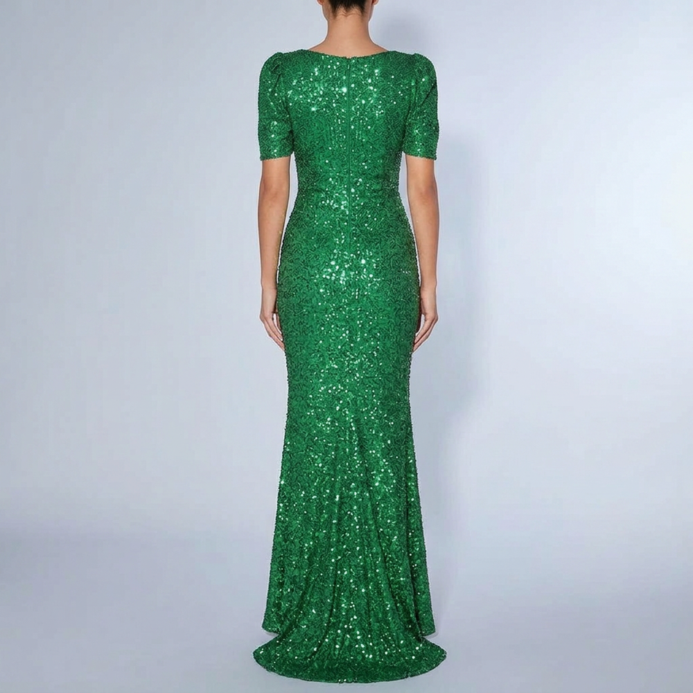 Women's Maxi Dress | Sequin Puff Sleeve V-Neck Dark Green front view