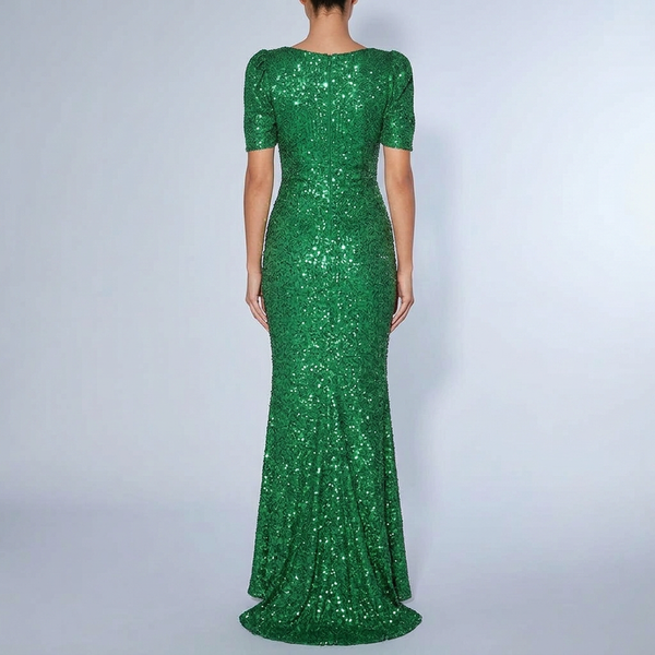 Women's Maxi Dress | Sequin Puff Sleeve V-Neck Dark Green back view