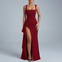 Women's Formal Dress | Maxi Open Back Ruched Front High Split Red front view