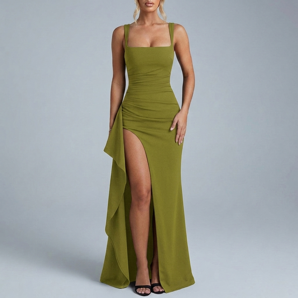 Women's Formal Dress | Maxi Open Back Ruched Front High Split Green front view