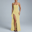 Women's Formal Dress | Maxi Open Back Ruched Front High Split Yellow front view