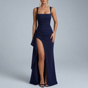 Women's Formal Dress | Maxi Open Back Ruched Front High Split Navy Blue front view