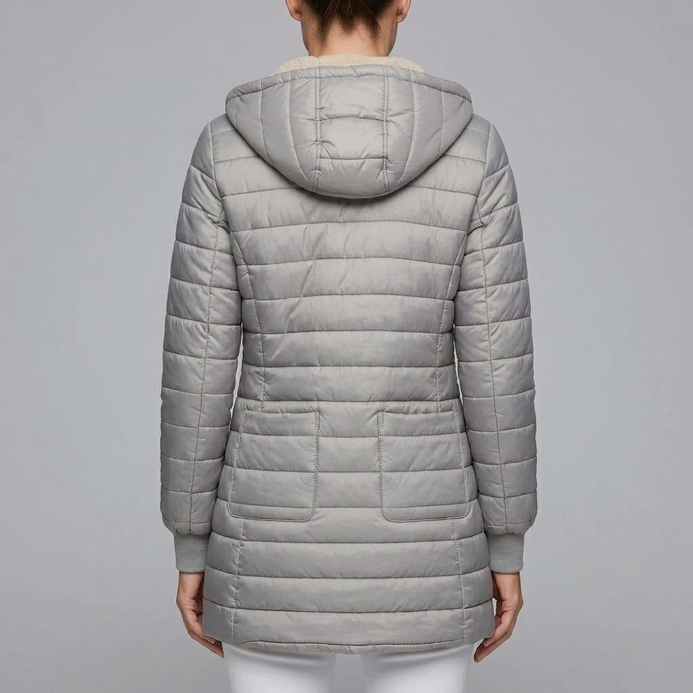 Women's Puffer Jacket | Sherpa Lined Zip-Up Hooded Grey front view