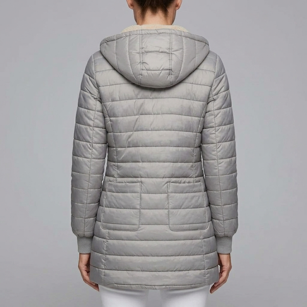 Women's Puffer Jacket | Sherpa Lined Zip-Up Hooded Grey back view