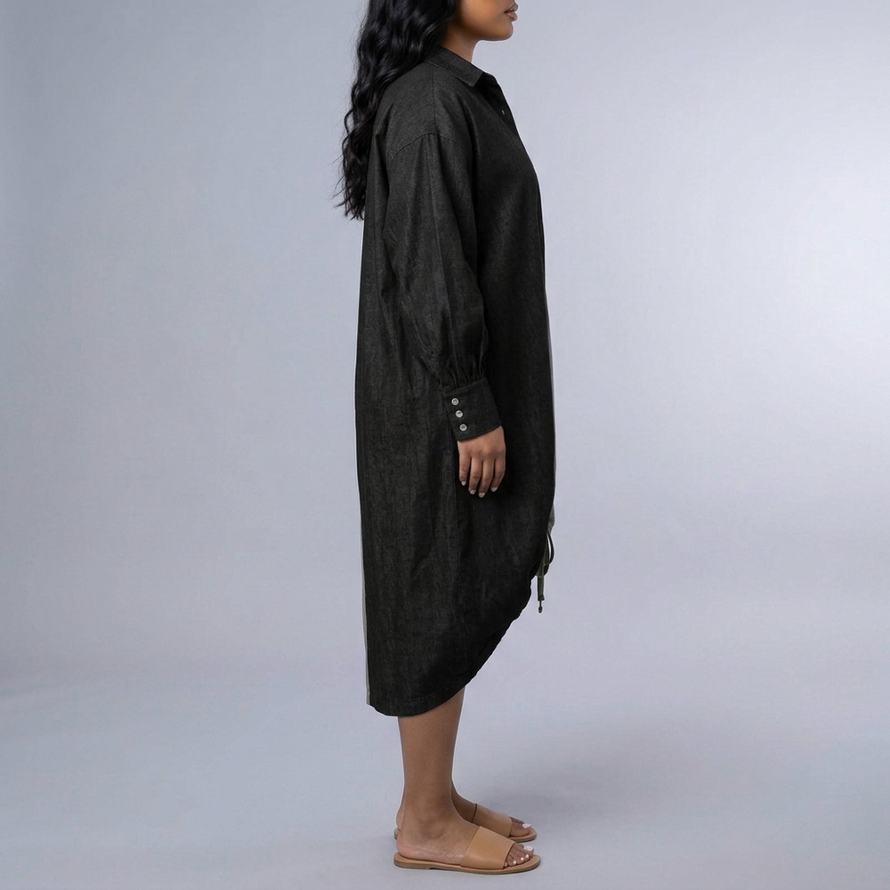 Women's Shirt Dress | Midi Color-Blocked Asymmetric Hem Drawstring Black front view