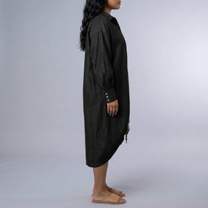 Women's Shirt Dress | Midi Color-Blocked Asymmetric Hem Drawstring Black side view