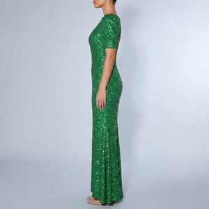 Women's Maxi Dress | Sequin Puff Sleeve V-Neck Dark Green side view