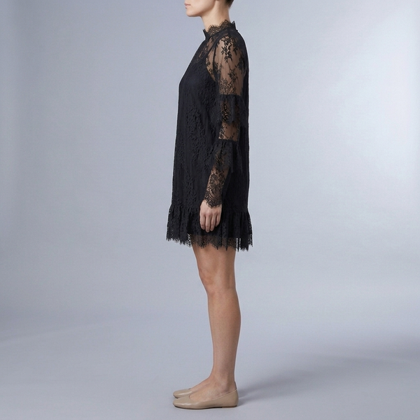 Women's Lace Dress | Mini High Neck Ruffle Sheer Black side view