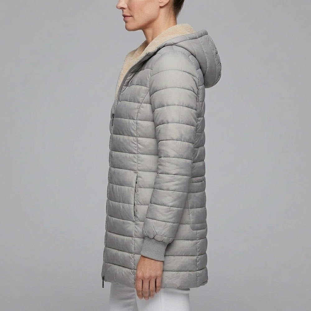 Women's Puffer Jacket | Sherpa Lined Zip-Up Hooded Grey front view