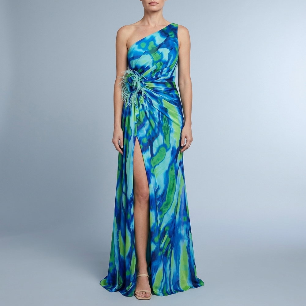 Women's Maxi Dress | One-Shoulder Flowy Blue front view