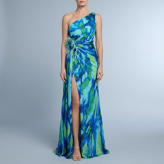 Women's Maxi Dress | One-Shoulder Flowy Blue front view