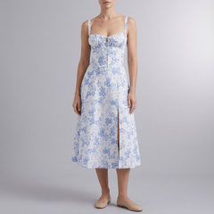 Women's Summer Dress | Midi Floral Corset Waist Blue front view