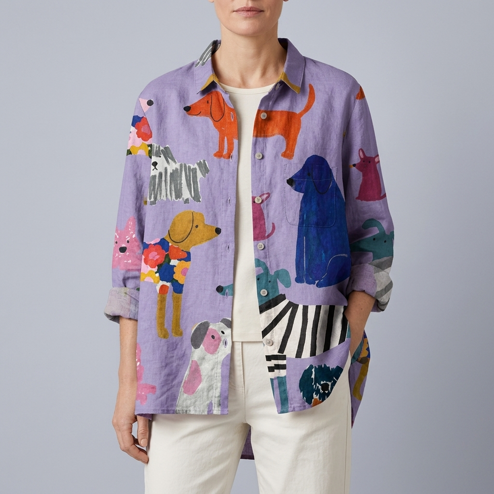 Women's Shirt | Dog Print Long Sleeve Button Front front view
