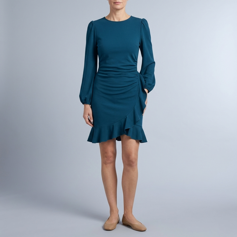 Women's Cocktail Dress | Mini Ruffle Hem Balloon Sleeve Blue front view