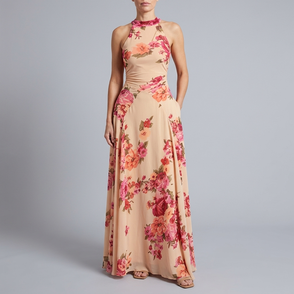 Women's Maxi Dress | High Neck Sleeveless Halter Apricot pink front view