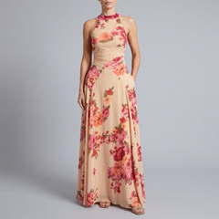 Women's Maxi Dress | High Neck Sleeveless Halter Apricot pink front view