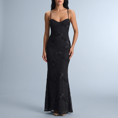 Women's Black Dress | Maxi Lace Open Back Spaghetti Strap Black front view