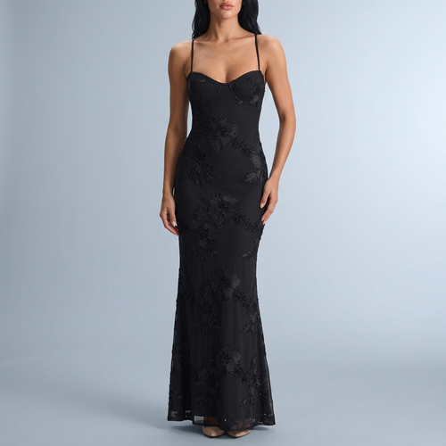 Women's Black Dress | Maxi Lace Open Back Spaghetti Strap Black front view