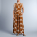 Women's Polka Dot Dress | Maxi Sleeveless Gathered Waist Brown front view