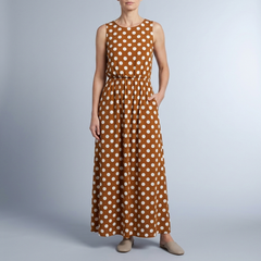Women's Polka Dot Dress | Maxi Sleeveless Gathered Waist Brown front view