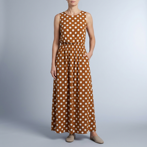 Women's Polka Dot Dress | Maxi Sleeveless Gathered Waist Brown front view