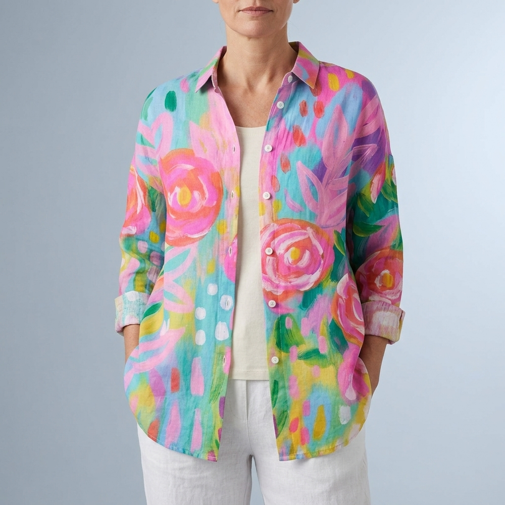Women's Blouse | Artistic Floral Print Button Front Pink front view