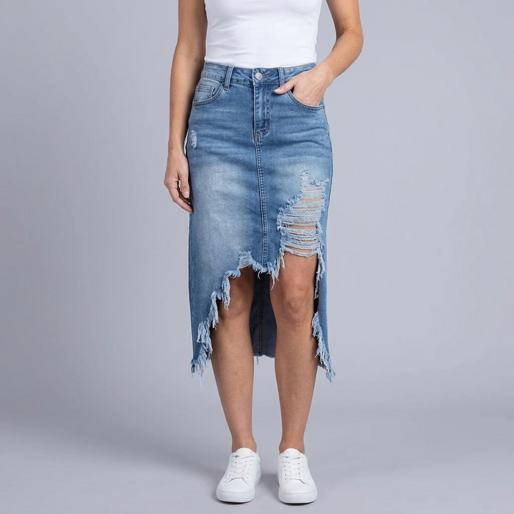 Women's Denim Skirt | Maxi Distressed Asymmetric Hem Forget-Me-Not front view