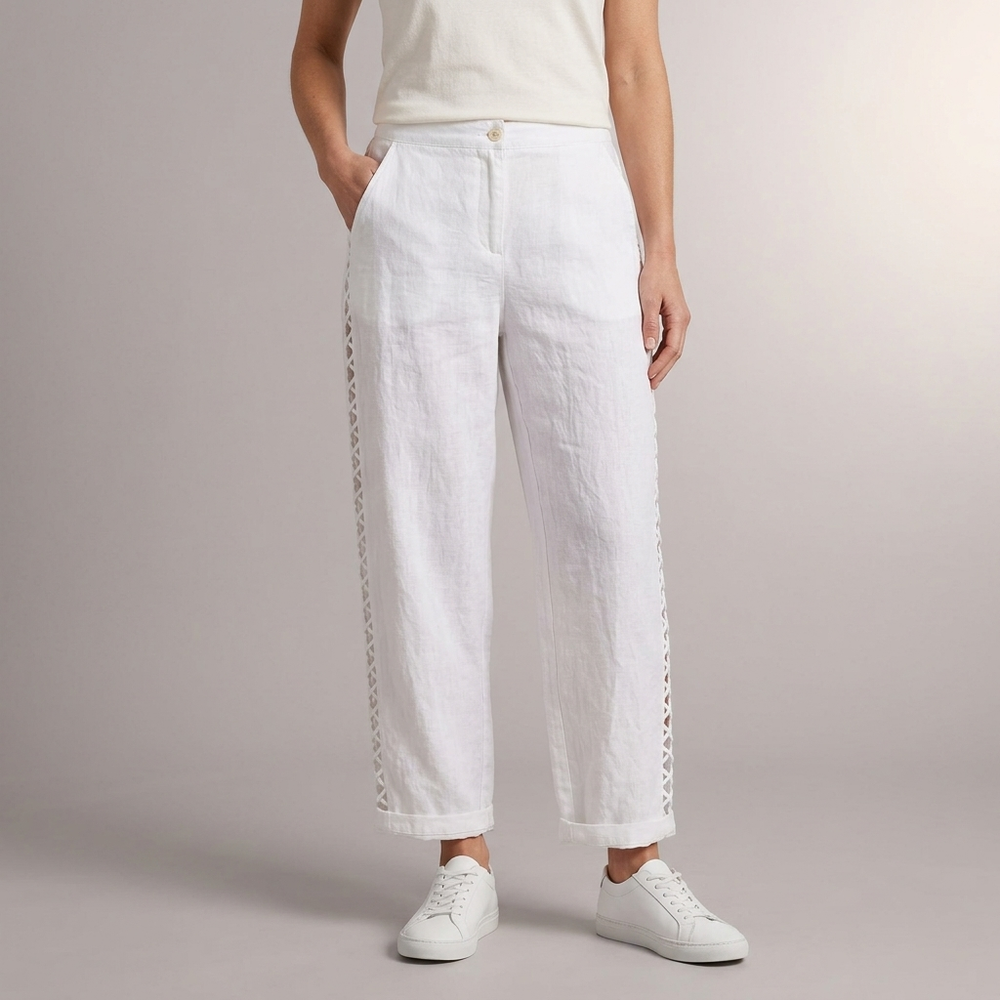Women's White Linen Pants | Hollow Out Lace Up Mid Waist White front view
