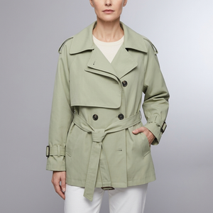 Women's Trench Coat | Belted Double Breasted Long Sleeve Green front view