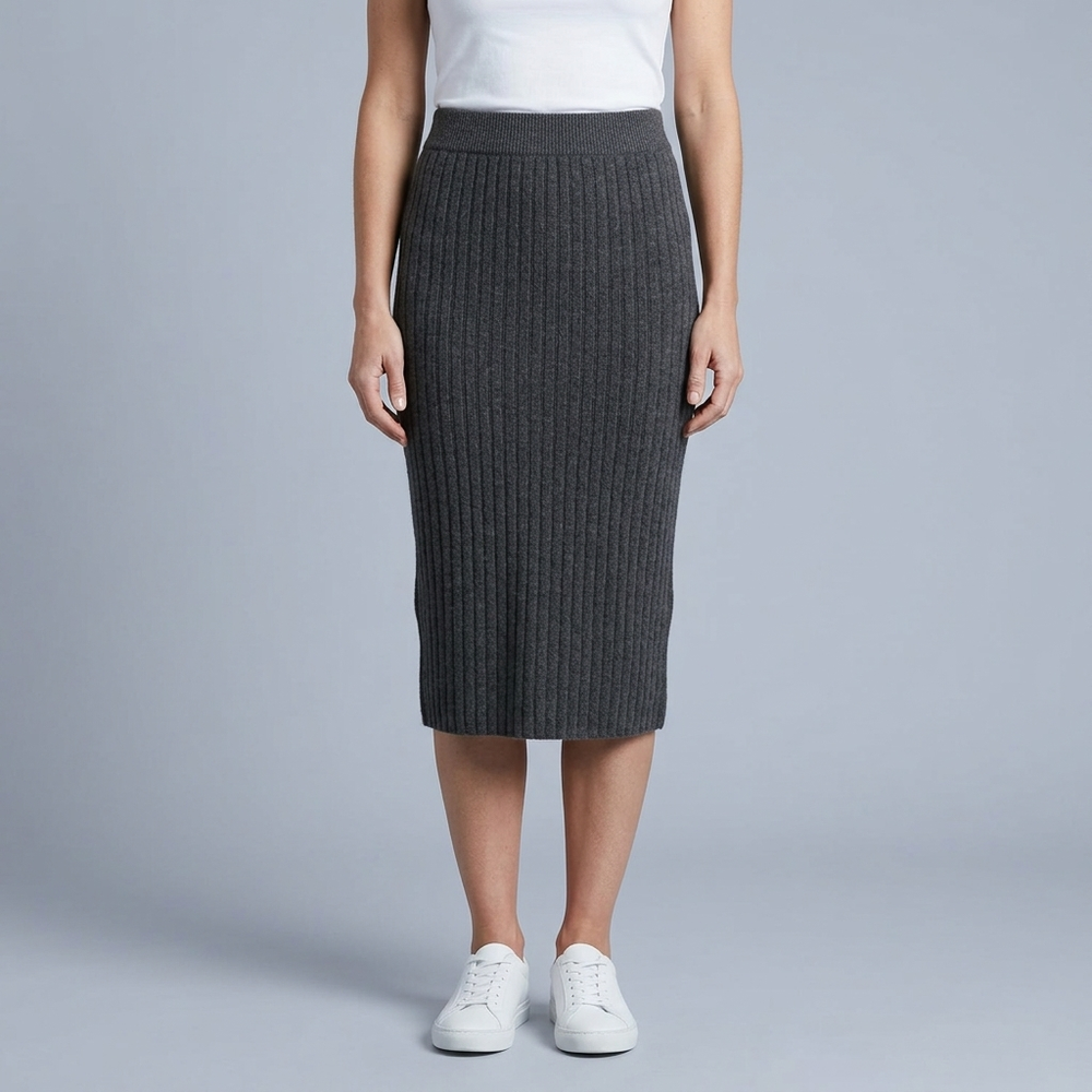 Women's Midi Skirt | Ribbed Knit Side Split Grey front view