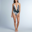 Women's Swimsuit | Tropical Palm Leaf Plunge Cross Back Palm Leaf Print front view