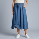 Women's Denim Skirt | Midi Elastic Waist A-Line Pockets Deep Blue front view