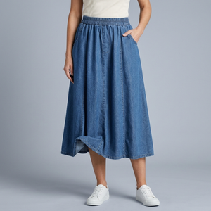 Women's Denim Skirt | Midi Elastic Waist A-Line Pockets Deep Blue front view