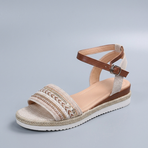 White Sandals For Women | Platform Ankle Strap Beaded White/Brown three-quarter front view