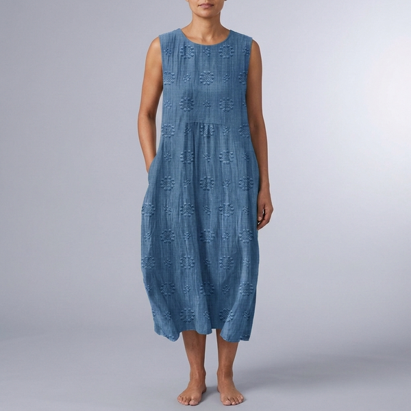 Women's Dress | Midi Sleeveless Crew Neck Pocket Blue front view